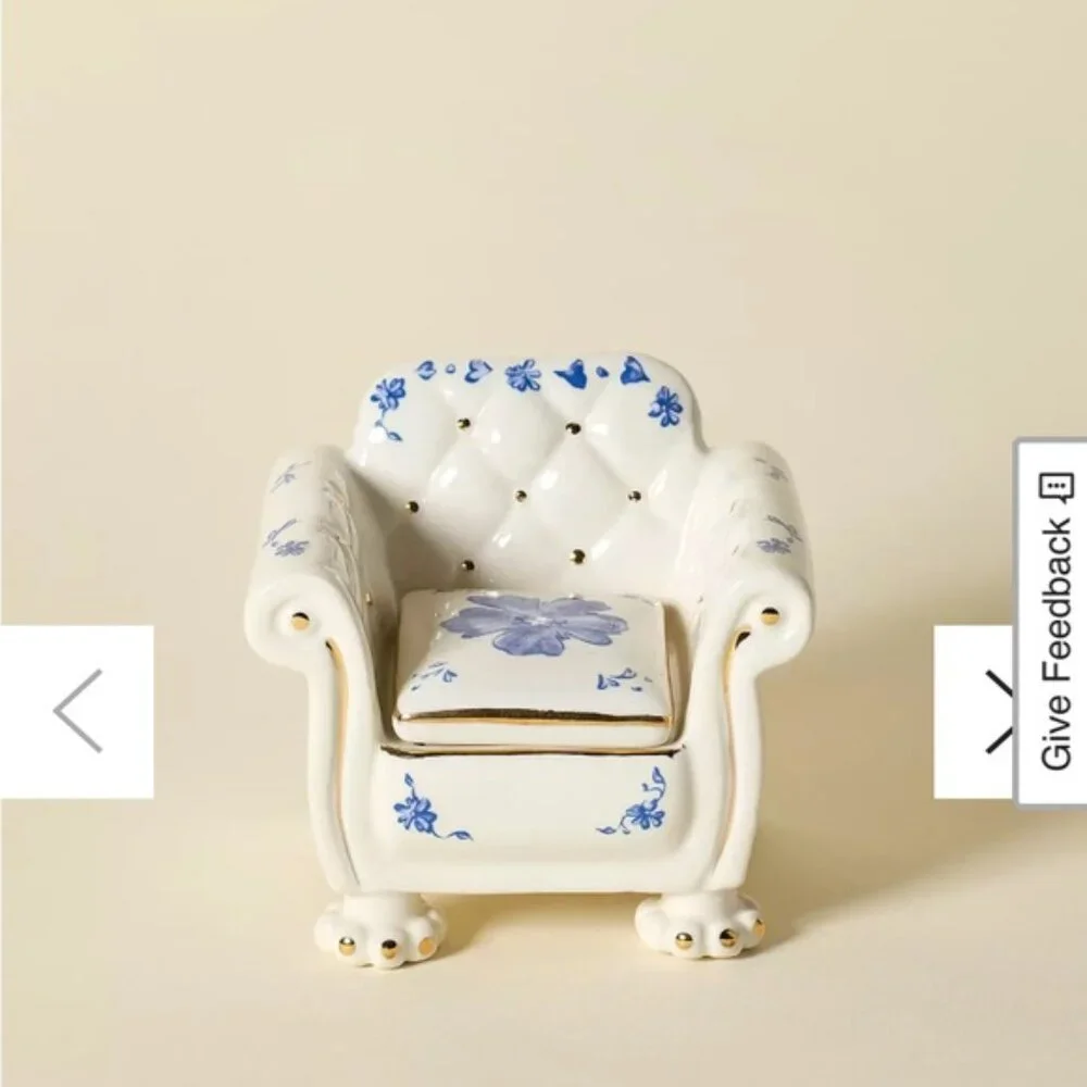 Urban Outfitters Ceramic Armchair Jewelry Box Holder White Blue Floral Unique